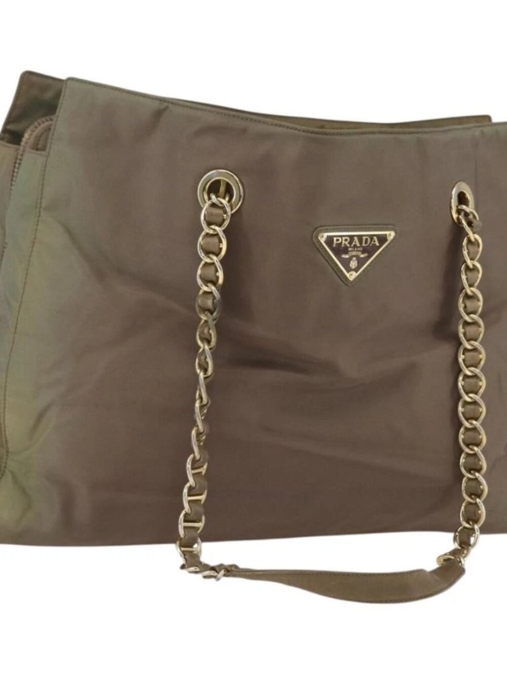 PRADA Chain Shoulder Bag Nylon Khaki Gold